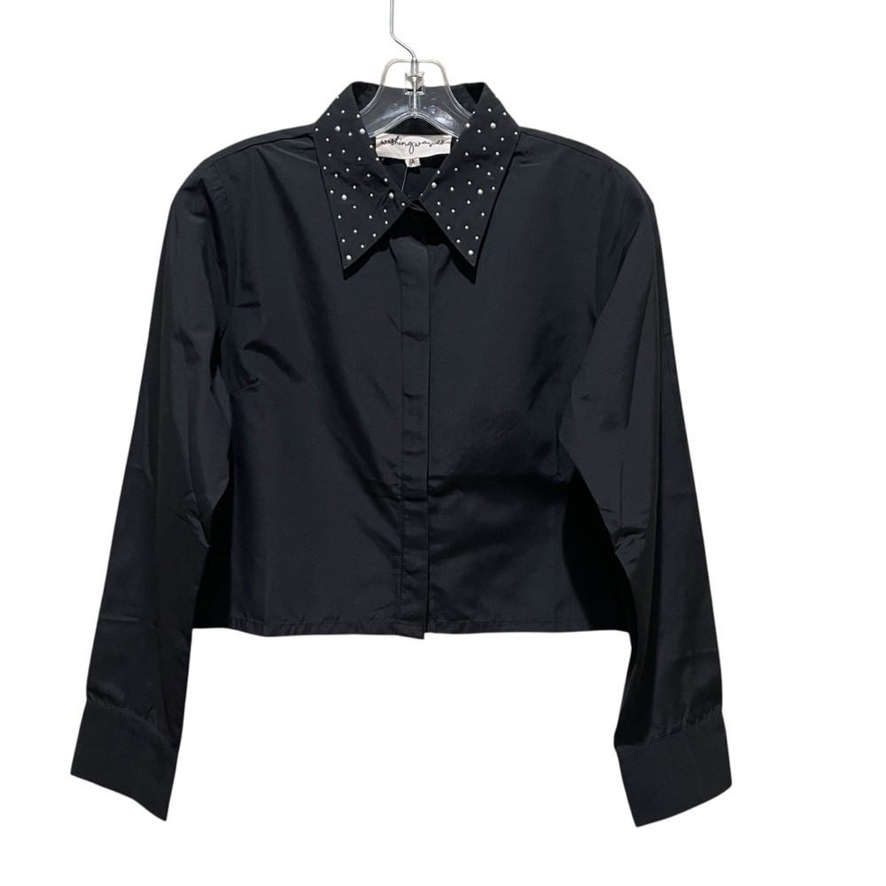 Wishingwaves Pearl Studded Collar Cropped Button Down Shirt Black Women’s Medium